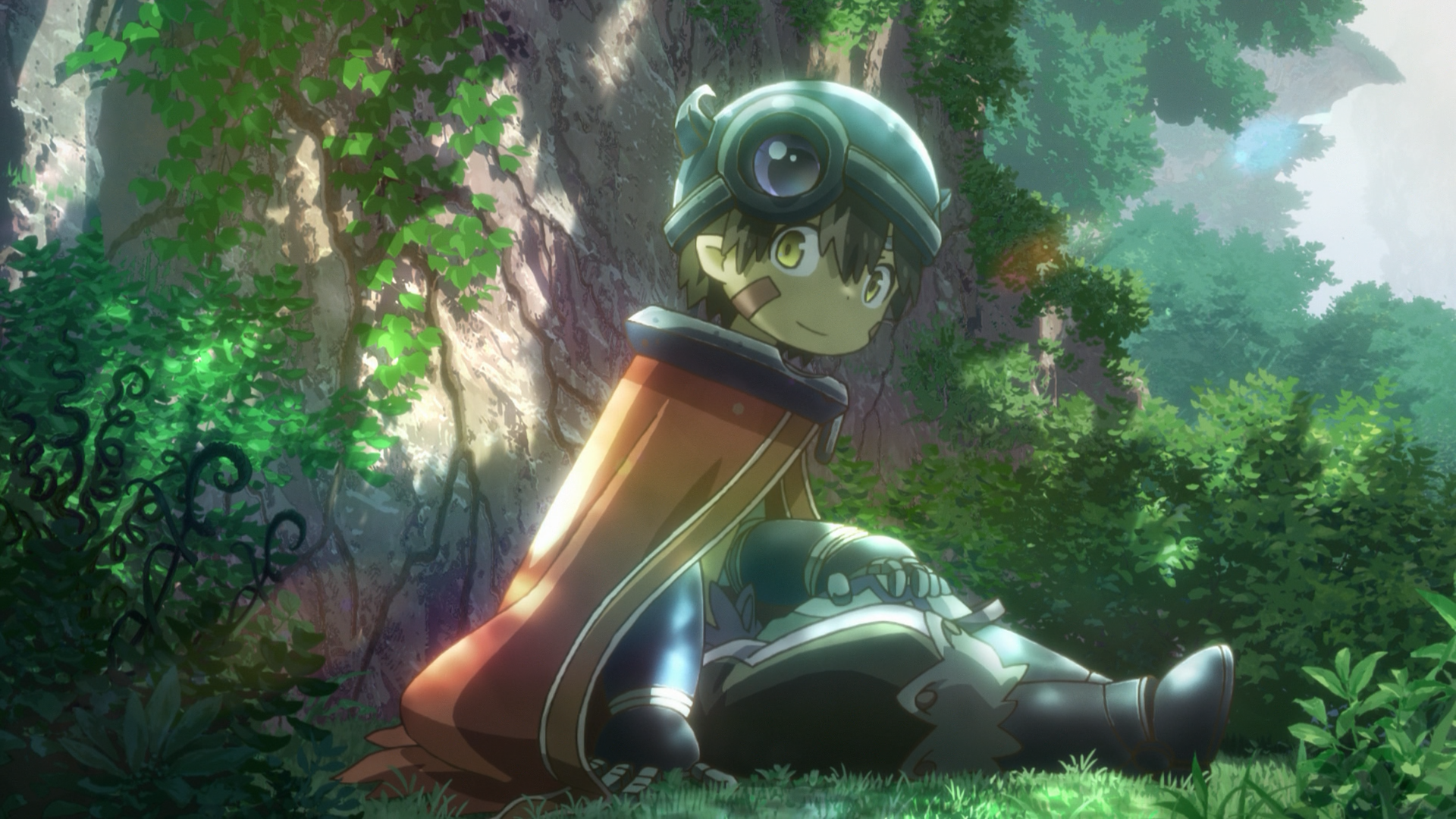 HD anime desktop wallpaper featuring Reg from Made in Abyss sitting in a sunlit forest with detailed foliage and soft lighting.