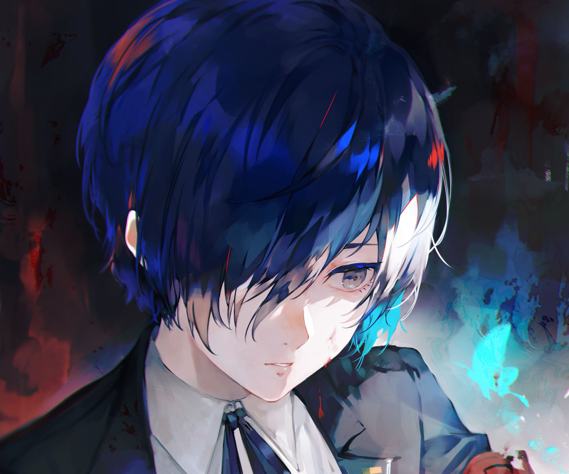 HD PC desktop wallpaper of Makoto Yuki (Persona 3): close-up with blue-black hair covering one eye, pale skin, somber gaze and teal light/butterfly accents on a dark, painterly background.