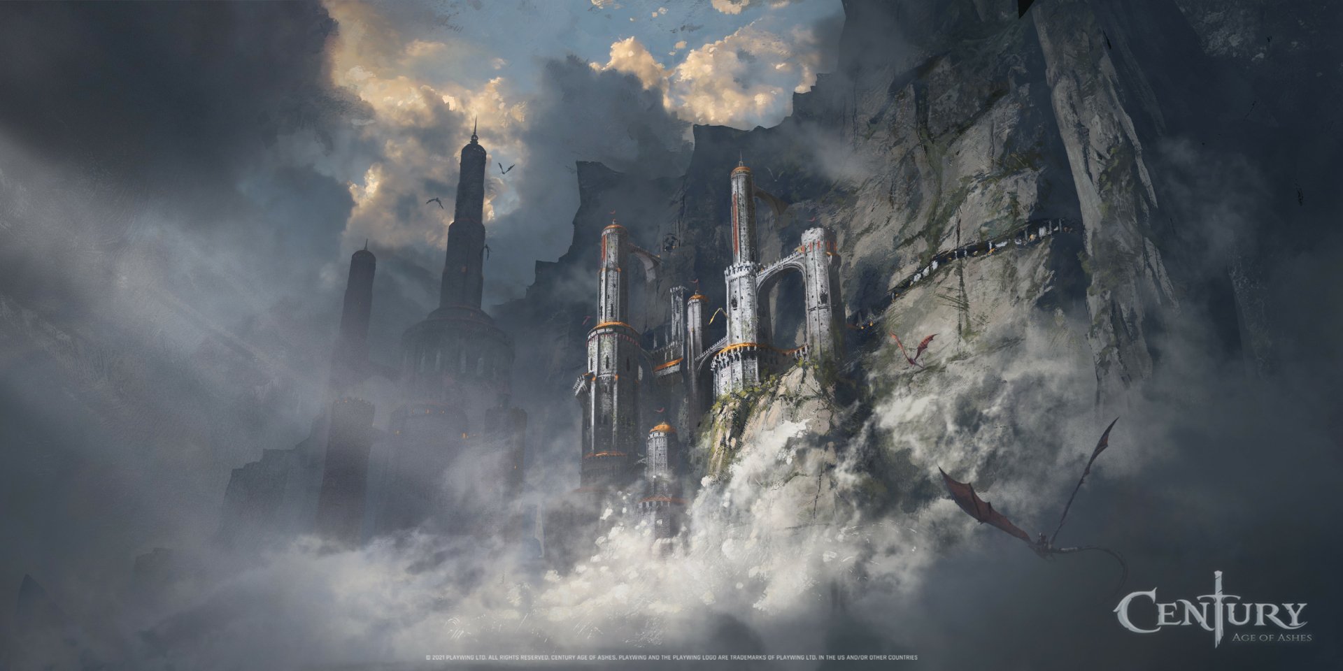 Century: Age of Ashes 2K Quad HD PC wallpaper, fog-shrouded cliffside fortress with towering spires, cascading waterfalls and dragons circling beneath stormy skies.