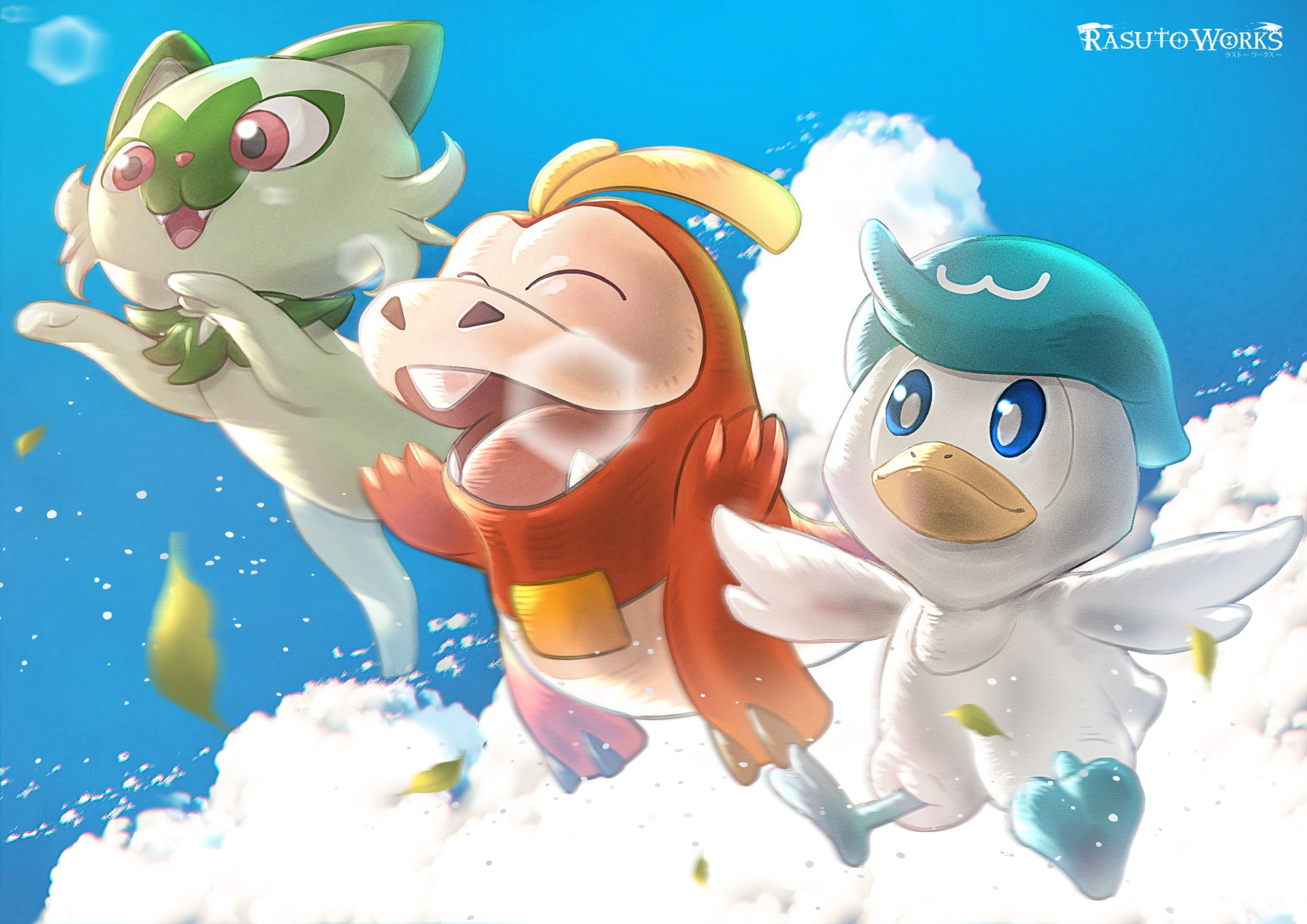 HD desktop wallpaper featuring Sprigatito, Quaxly, and Fuecoco from the video game Pokémon: Scarlet and Violet against a bright blue sky with clouds.