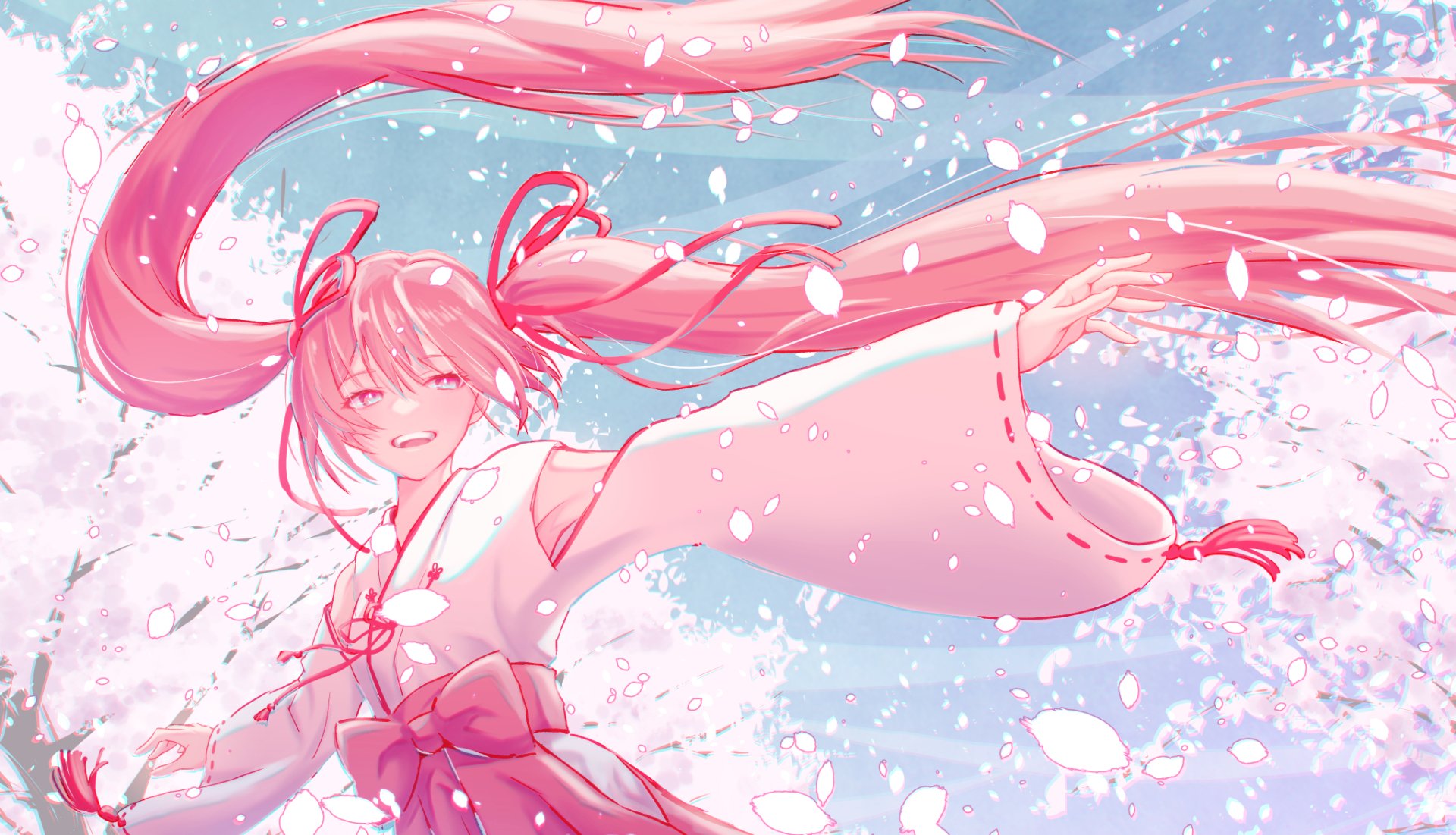 HD anime desktop wallpaper featuring Hatsune Miku in soft pink tones with flowing twin tails, set against a snowy, pastel blue background, capturing Vocaloid charm.