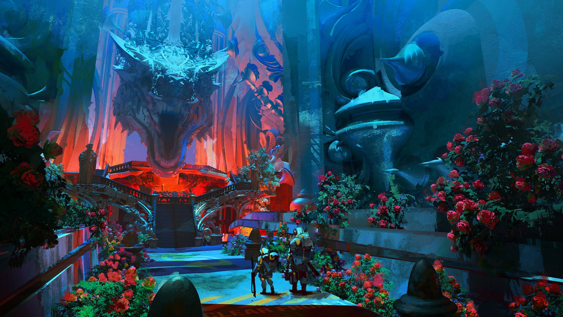 Fantasy-themed HD desktop wallpaper featuring an exploration scene with adventurers in a mystical, vibrant environment adorned with flowers and an imposing dragon sculpture.