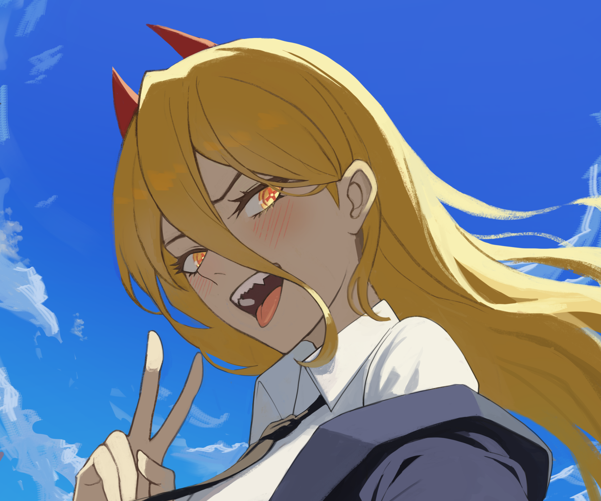 HD PC desktop wallpaper featuring an anime character from Chainsaw Man with long blonde hair, orange eyes, and a playful expression against a bright blue sky.
