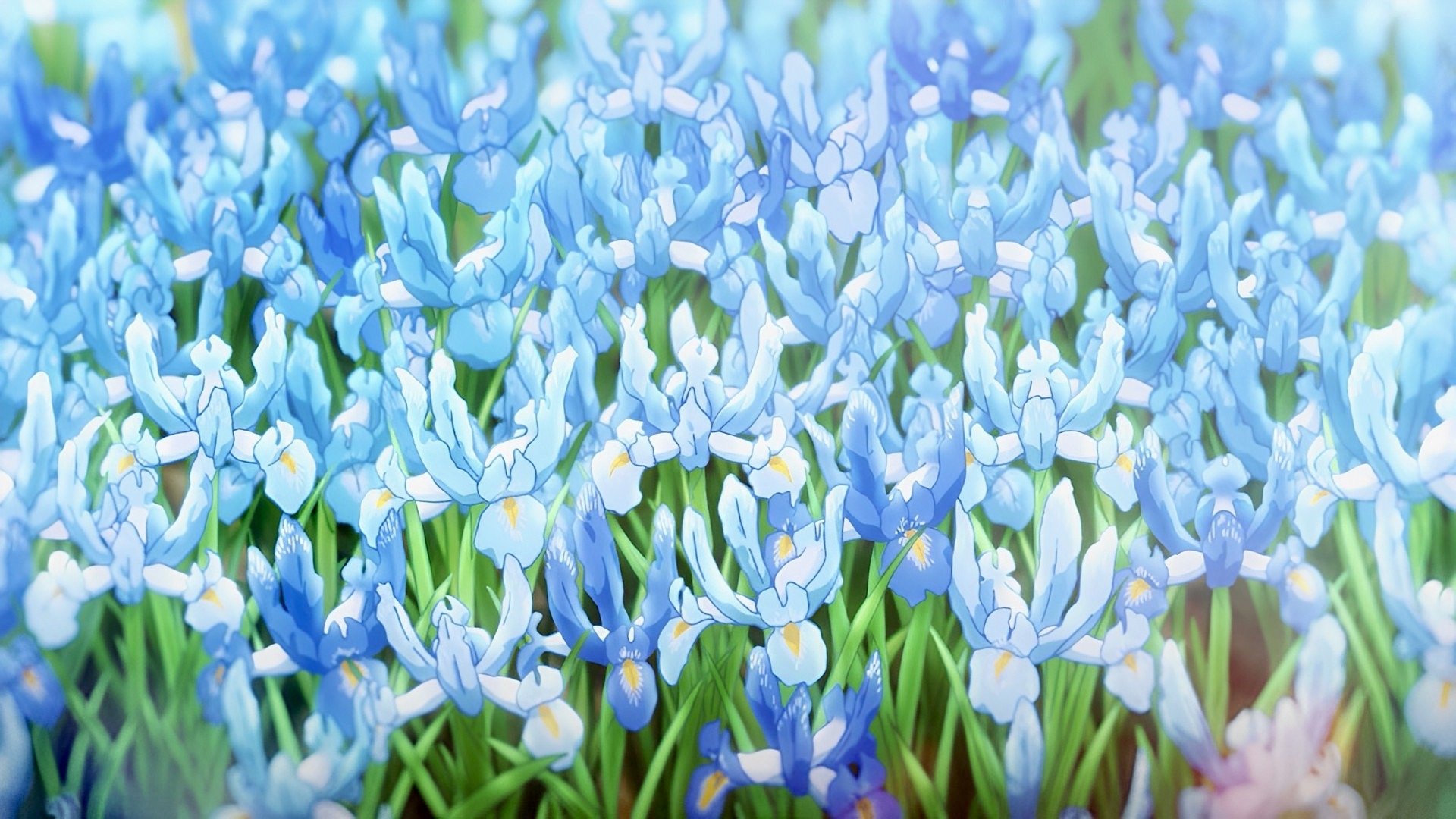HD PC desktop wallpaper featuring an anime-style field of delicate blue and white flowers inspired by Violet Evergarden.