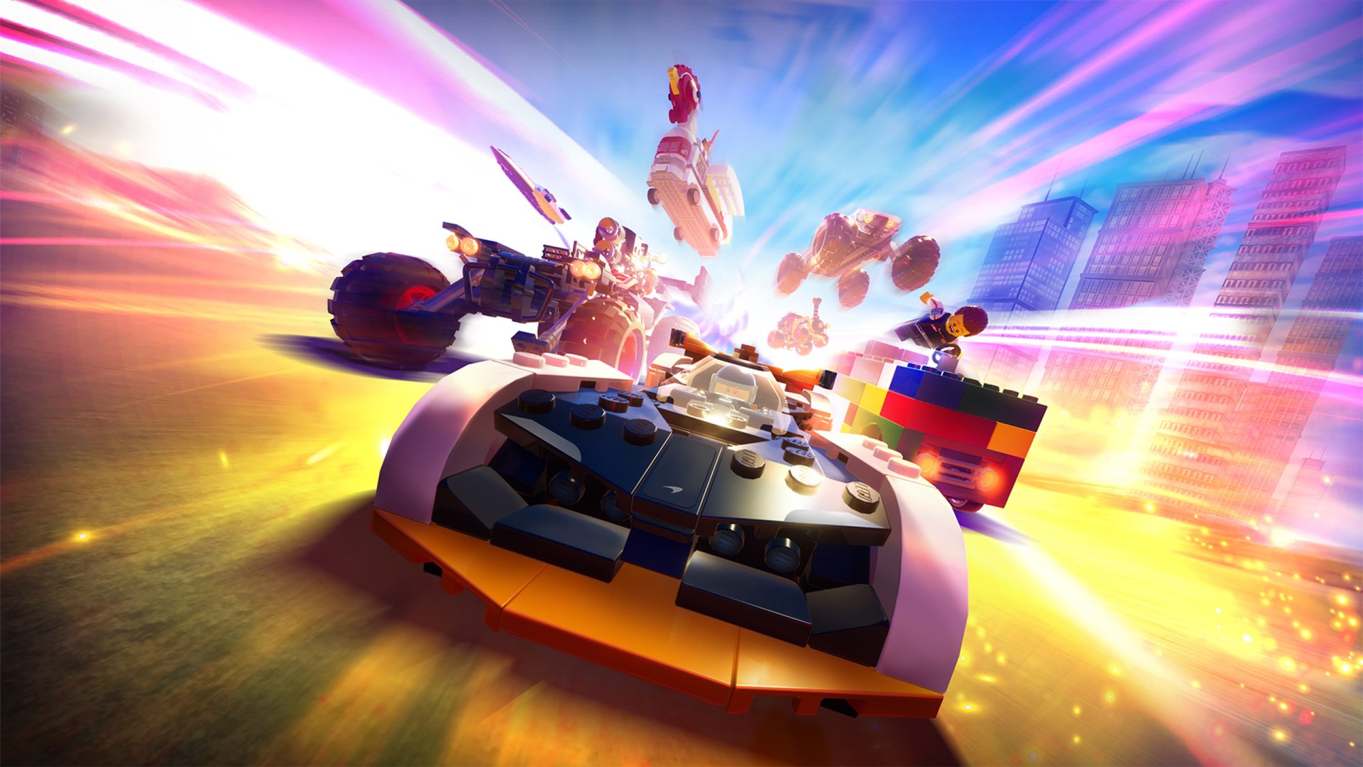 Dynamic HD desktop wallpaper featuring a LEGO 2K Drive scene with vivid colors and fast-paced racing action.