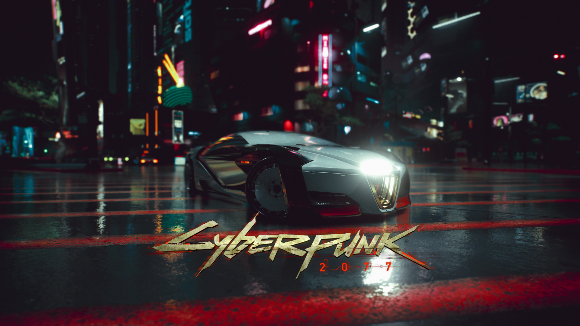 HD PC desktop wallpaper featuring a sleek, futuristic car with neon lights in a dark, rainy Cyberpunk 2077 cityscape.