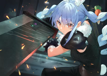HD anime desktop wallpaper featuring Usada Pekora, the Virtual YouTuber from hololive, poised with her weapon in dynamic action style.