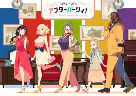 HD anime desktop wallpaper featuring Mika, Kurumi, Mizuki Nakahara, Chisato Nishikigi, and Takina Inoue from Lycoris Recoil in a colorful, stylish room setting.