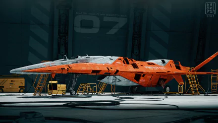 HD sci-fi desktop wallpaper featuring a sleek orange spaceship docked inside a futuristic hangar with ambient lighting and detailed industrial equipment.