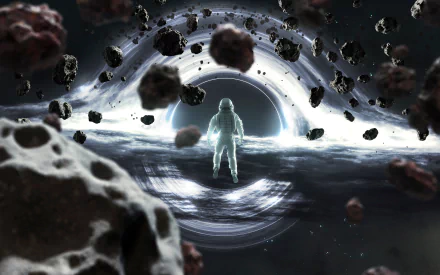 A 4K Ultra HD sci-fi desktop wallpaper featuring an astronaut floating near a glowing black hole surrounded by drifting asteroids in deep space.