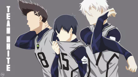 Anime-style 4K Ultra HD desktop wallpaper featuring Blue Lock characters Shouei Barou, Isagi Yoichi, and Seishiro Nagi in team white jerseys.