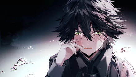 HD anime desktop wallpaper featuring Ranpo Edogawa from Bungou Stray Dogs with expressive eyes and dark, tousled hair in a dramatic, emotional scene.