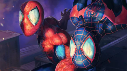 4K Ultra HD comic-style PC desktop wallpaper featuring two Spider-Man characters in dynamic poses against a cityscape background.