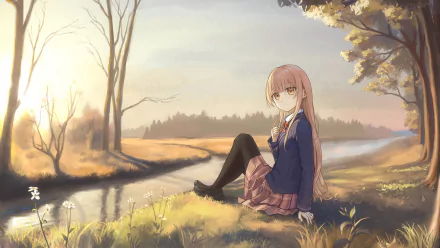 Mahiru Shiina from the anime The Angel Next Door Spoils Me Rotten sits by a peaceful riverside at sunset in this 4K Ultra HD PC desktop wallpaper.