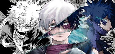 An 8K Ultra HD PC wallpaper featuring Dabi from My Hero Academia, showcasing dynamic black, white, and blue anime-style artwork.