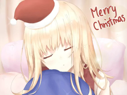 Mahiru Shiina from The Angel Next Door Spoils Me Rotten, asleep in a Santa hat hugging a blue cushion — soft pastel HD PC desktop wallpaper.