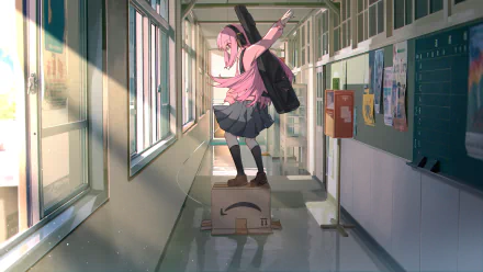 HD anime desktop wallpaper featuring Hitori Gotou from Bocchi the Rock! balancing on a box in a sunlit school hallway with her guitar case on her back.
