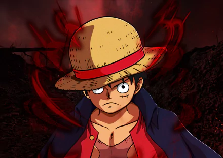 Anime-style 4K Ultra HD wallpaper featuring Monkey D. Luffy from One Piece with a determined expression, wearing his signature straw hat against a dark, fiery background.