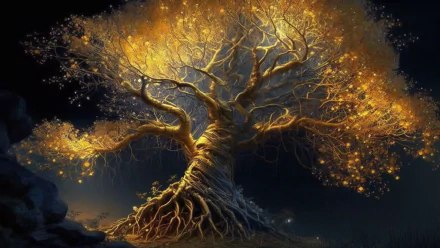 HD anime-style AI art of a glowing, intricately detailed tree with golden leaves, designed as an original PC desktop wallpaper and background.