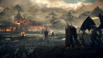 4K Ultra HD PC wallpaper featuring an epic battlefield scene from the video game Total War: Warhammer III, with dark warriors overlooking a fiery war-torn fortress.
