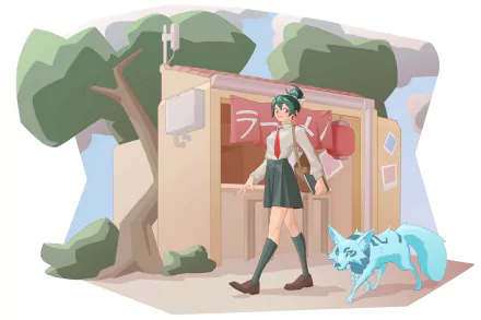 HD PC desktop wallpaper and background of Kiriko from Overwatch 2 — stylized video game art of her walking past a small stall in a pastel park with her blue fox spirit.