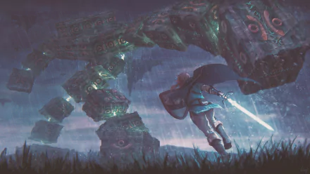 Link battles a giant mechanical creature in a dark, rain-soaked landscape from the video game The Legend of Zelda: Tears of the Kingdom HD PC desktop wallpaper.