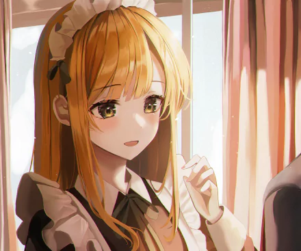 HD anime desktop wallpaper featuring a girl dressed in a maid outfit with long blonde hair, softly lit by warm sunlight through a window.