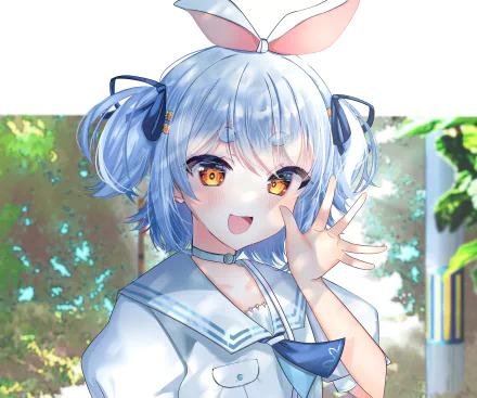 2K Quad HD PC desktop wallpaper of hololive Virtual YouTuber Usada Pekora: cheerful anime girl with blue twin buns and golden eyes in a sailor outfit, waving against a sunlit forest backdrop.