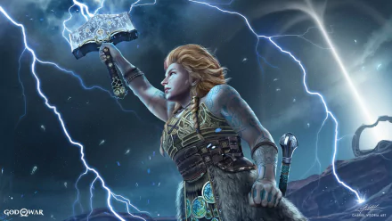 HD PC desktop wallpaper and background from the video game God of War: Ragnarök — a blonde, armor-clad warrior lifts a lightning-charged hammer as storm clouds and bolts swirl.