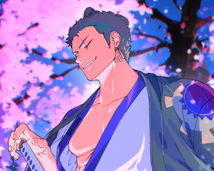HD anime wallpaper of Roronoa Zoro from One Piece, featuring him smiling confidently with cherry blossoms in the vibrant background.