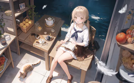 HD PC desktop wallpaper featuring anime-style art by Mahiru Shiina from The Angel Next Door Spoils Me Rotten, depicting a girl in a sunlit, cozy setting with a cat nearby.