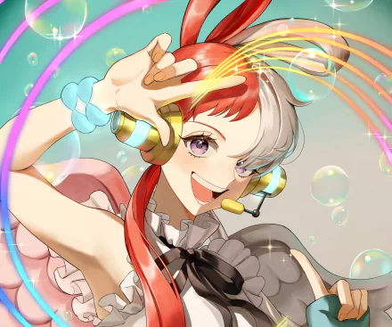 HD PC desktop wallpaper of Uta from One Piece Film: RED, showcasing vibrant anime art with colorful rings and bubbles in the background.