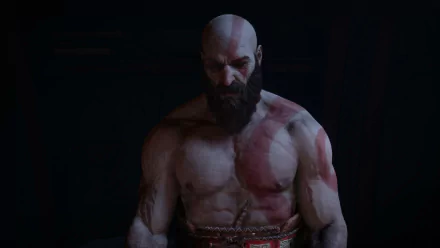 Kratos from God of War: Ragnarök stands shirtless with a serious expression in this 4K Ultra HD PC desktop wallpaper inspired by the video game.