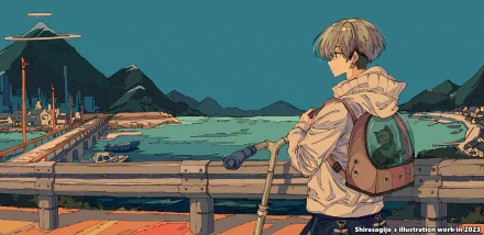 A serene 4K Ultra HD wallpaper featuring Chifuyu Matsuno from *Tokyo Revengers*, gazing over a tranquil bay, surrounded by mountains and vibrant scenery.