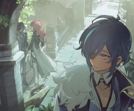 HD PC desktop wallpaper featuring Kaeya from the video game Genshin Impact, set in a softly lit, atmospheric environment with detailed character art.