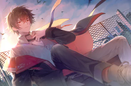 HD anime desktop wallpaper featuring a relaxed anime boy with wind-swept hair and a flowing scarf, set against a vibrant sky and chain-link fence background.