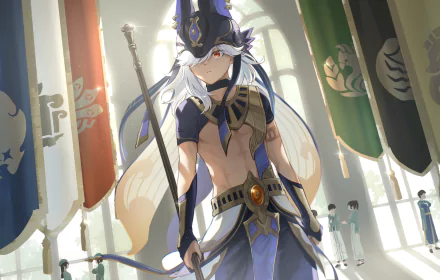 Cyno (Genshin Impact) stands in a sunlit ceremonial hall, polearm in hand beneath hanging banners — 2K Quad HD PC desktop wallpaper/background, video game Genshin Impact.