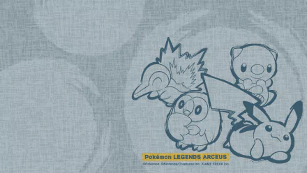HD PC desktop wallpaper background for the video game Pokémon Legends: Arceus featuring blue line-art of Rowlet, Cyndaquil and Oshawott on a textured, circular-patterned backdrop with the game logo.