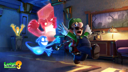 Video game HD PC desktop wallpaper/background: Luigi from Luigi's Mansion 3 panics in a haunted hotel hallway while Gooigi and a pink ghost chase him.