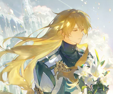 HD PC desktop wallpaper featuring Luocha from the video game Honkai: Star Rail, depicted with flowing golden hair and a serene expression amidst soft light and lilies.