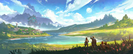 A vibrant fantasy landscape featuring lush greenery, a serene lake, distant mountains, and two figures overlooking a village, rendered in HD for a PC desktop wallpaper.