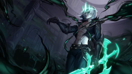 HD PC desktop wallpaper featuring Viego from the video game League of Legends, showcasing his dark, ethereal form wielding glowing green weapons.