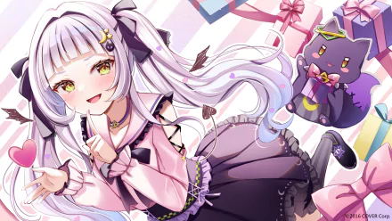 HD PC desktop wallpaper of hololive Virtual YouTuber Murasaki Shion — cheerful anime girl with long lavender hair, frilly pink-and-black outfit and a purple cat plush on a colorful background.