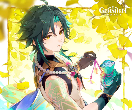 HD PC desktop wallpaper of Xiao from the video game Genshin Impact, featuring the character surrounded by bright yellow leaves and holding a small blue creature.