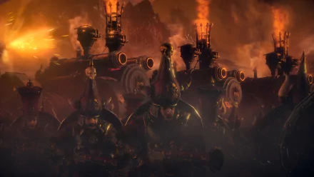 4K Ultra HD PC desktop wallpaper from the video game Total War: Warhammer III — helmeted soldiers and towering war machines looming amid fire and smoke.