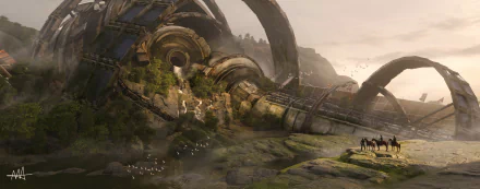 Desolate city ruins set against a futuristic, post-apocalyptic backdrop. Perfect for a sci-fi HD desktop wallpaper.