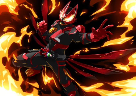 Anime Kamen Rider Geats in a dramatic, fiery pose — 4K Ultra HD PC desktop wallpaper and background featuring a red-black armored rider with a glowing visor.
