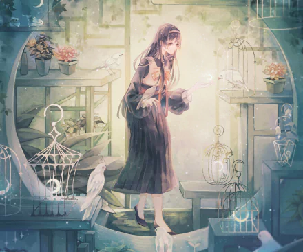 A serene anime girl in a flowing dress stands amidst birdcages and soft light, rendered in 4K Ultra HD as a detailed PC desktop wallpaper and background.