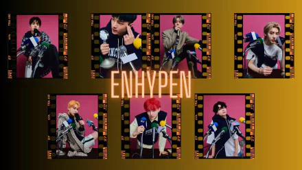 HD PC desktop wallpaper: seven stylized portrait frames surrounding a bold ENHYPEN logo on a warm gradient background, music-themed K-pop aesthetic.