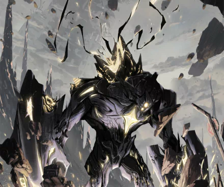 HD PC desktop wallpaper from the video game Wuthering Waves featuring a dark, armored, glowing creature set against a stormy, fragmented landscape.